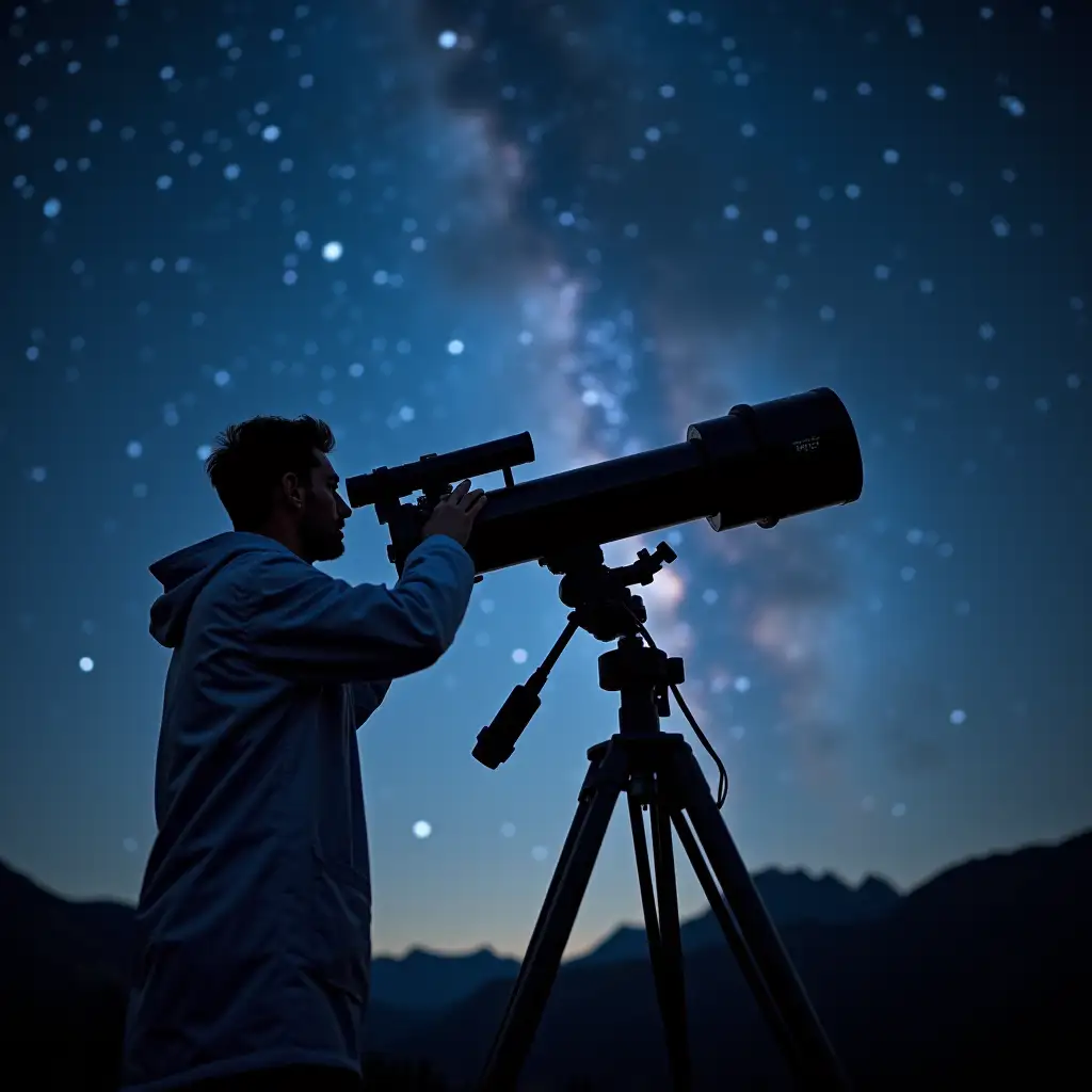 a scientist looks through a space telescope