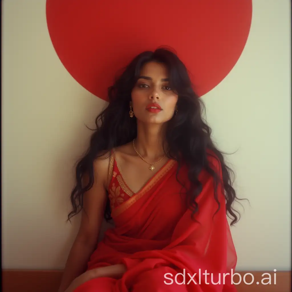 Indian-Woman-in-Red-Saree-Sitting-Below-White-Wall-with-Red-Circle