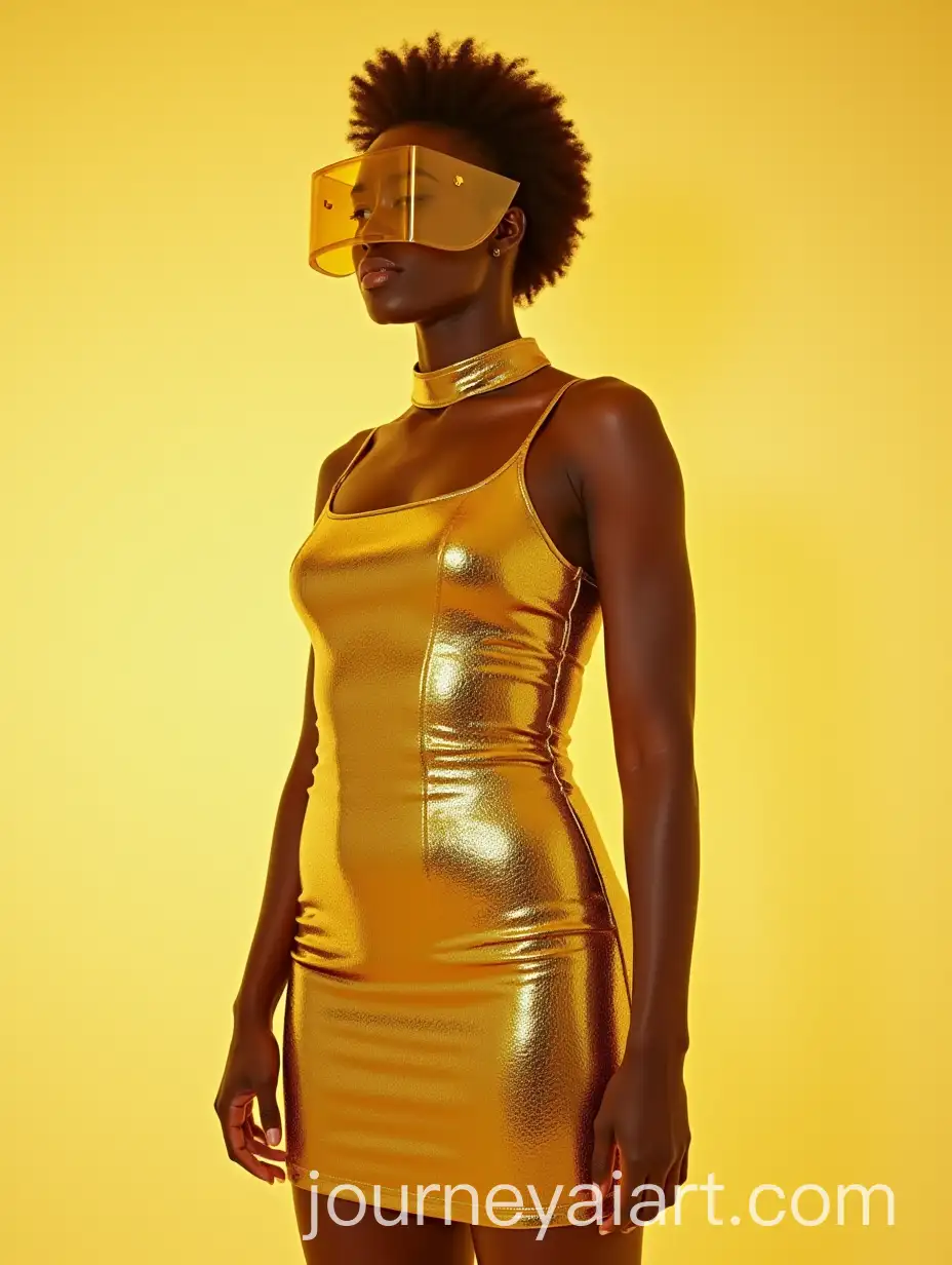 Tall-Attractive-Man-in-Gold-NoBinary-Dress-with-Transparent-Face-Visor