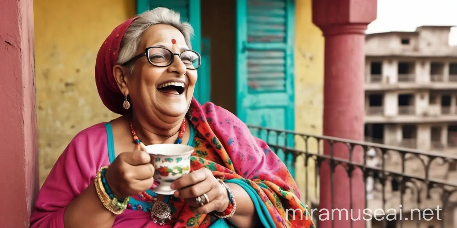 Cheerful Punjabi Woman Enjoying Tea on Old Building Balcony