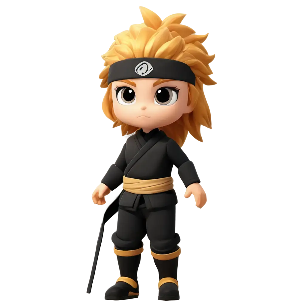 Small ninja game character with stylish golden hairs , wearing ninja costume , bright big eyes , walking towards right side.