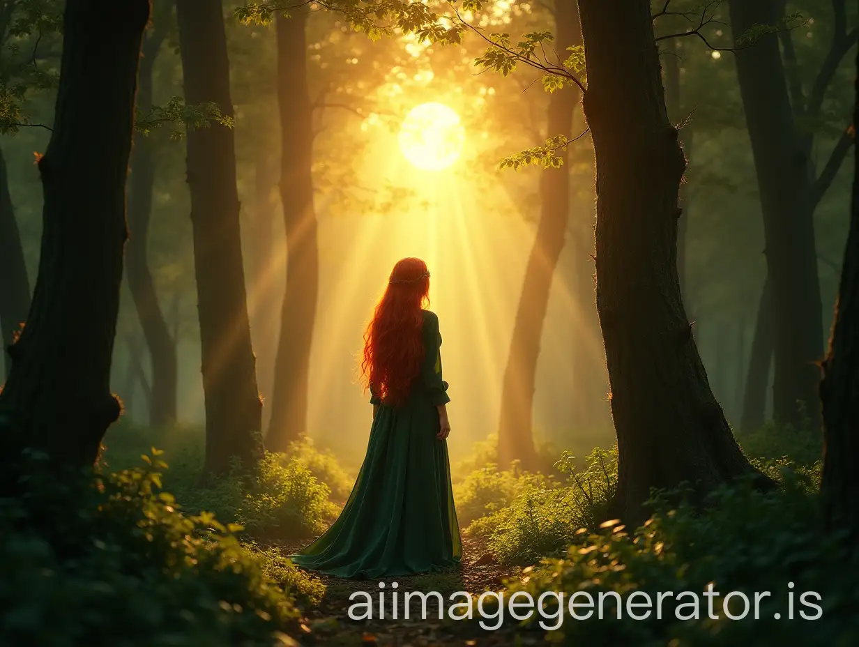 AI-Art-Prompt-ExpansionElven-Fairy-Nature-Wallpaper-with-Sunlight-and-RedHaired-Elf-in-Dark-Green-Dress