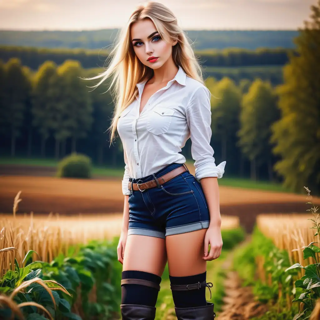 Elegant-Blonde-Farmer-Girl-in-Shorts-and-Overknee-Boots-with-Nature-Background