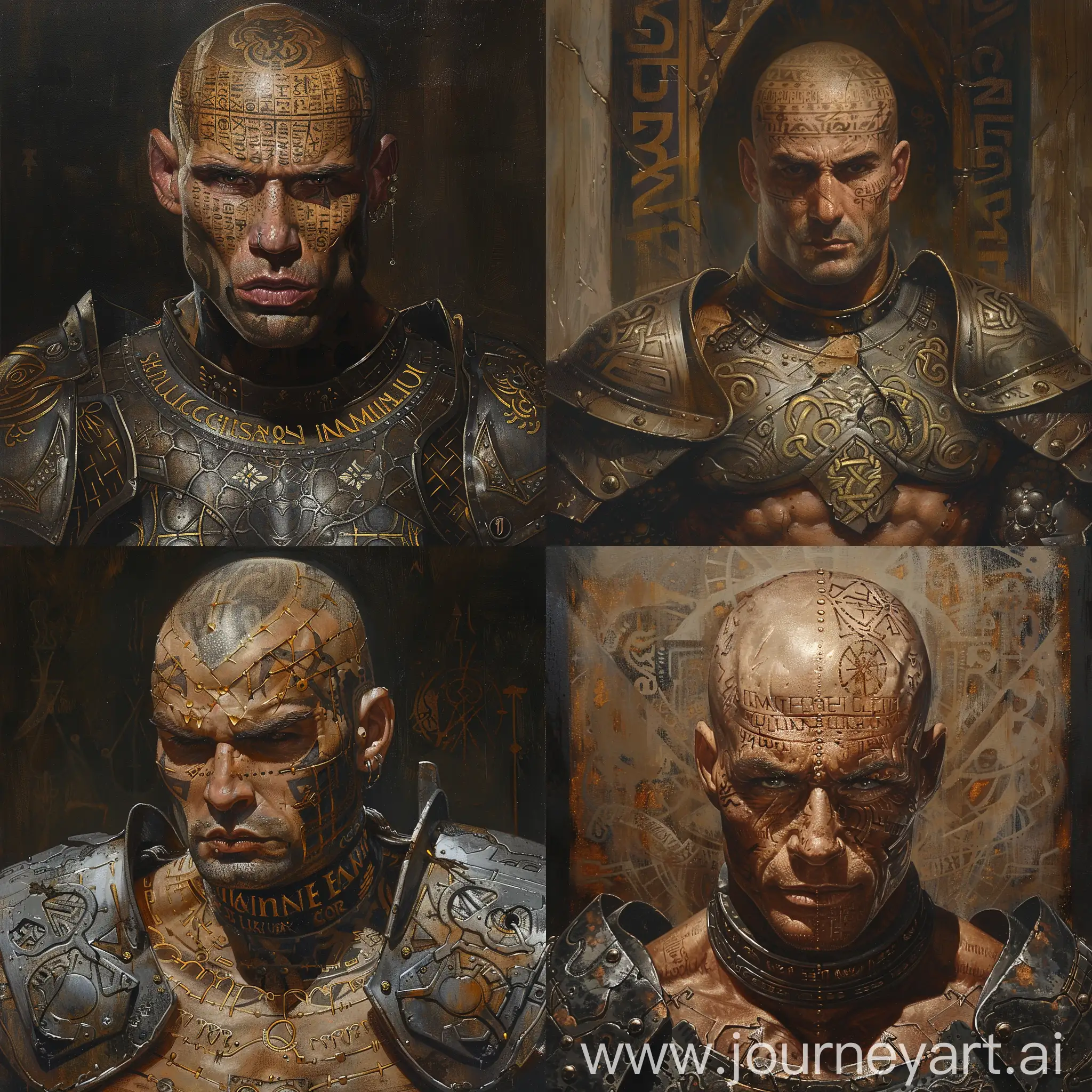 Golden-Tattooed-Bald-Man-in-Matte-Plate-Armor