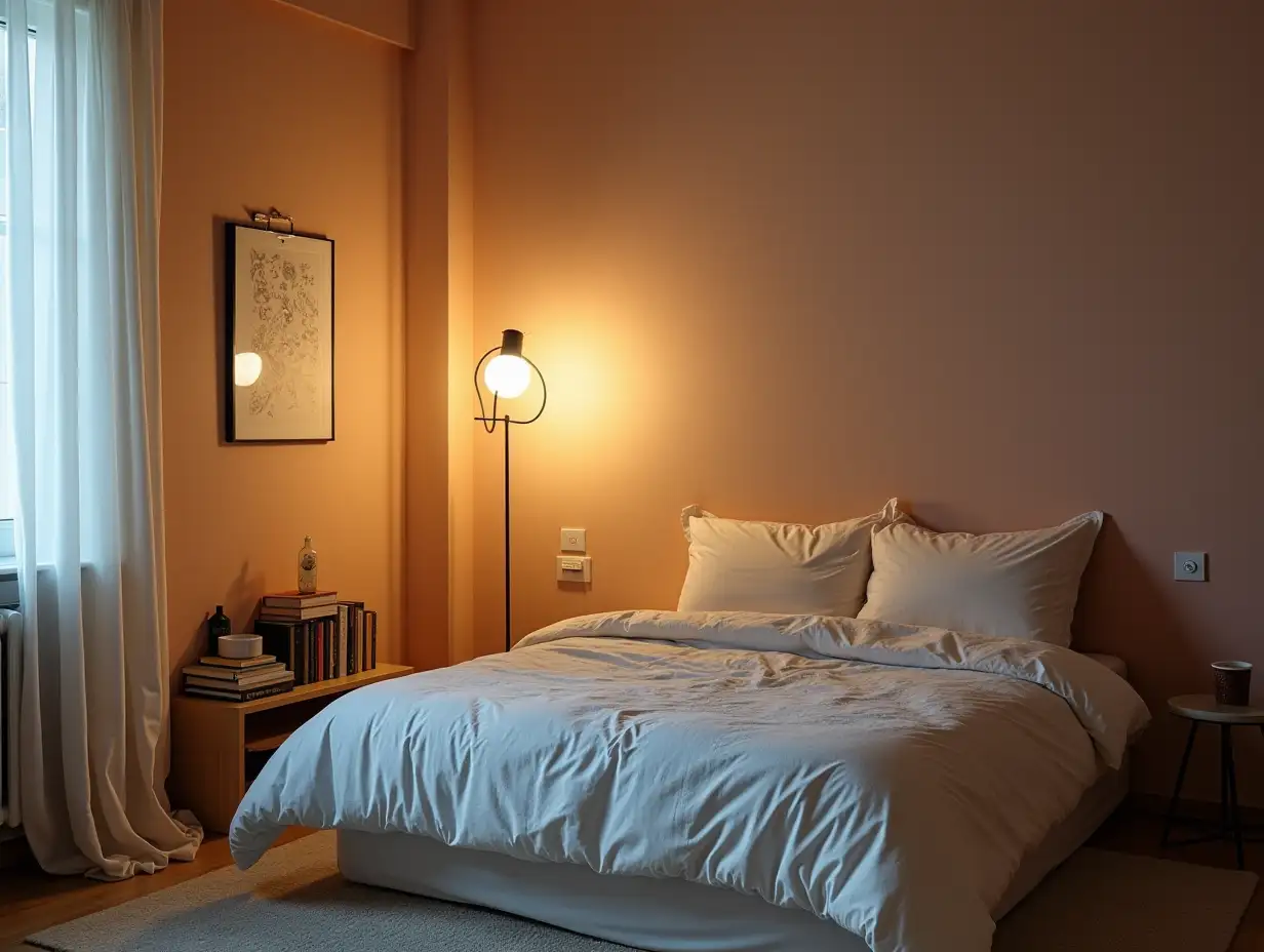 room with a bed, a reading light on the wall, a stand for books