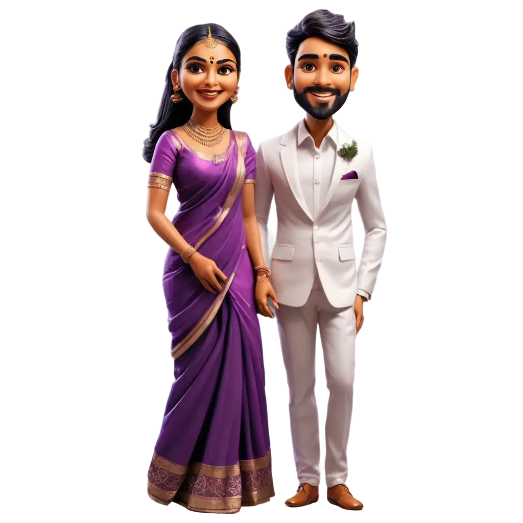 South-Indian-Wedding-Caricature-PNG-Bride-in-Purple-Saree-Groom-in-Suit