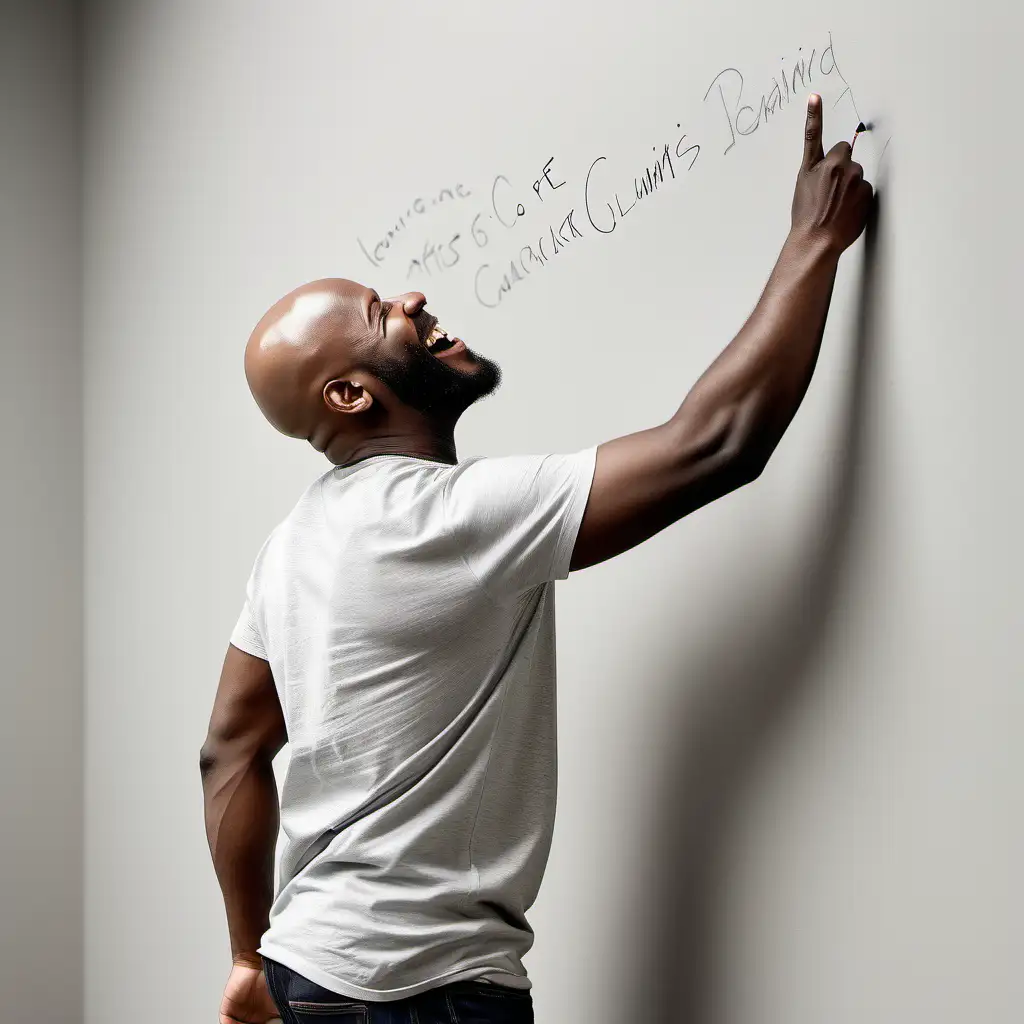 Casually Dressed Black Man Laughing and Writing on Wall with Marker