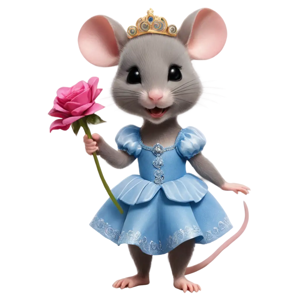 A mouse in a princess costume with a flower in hand