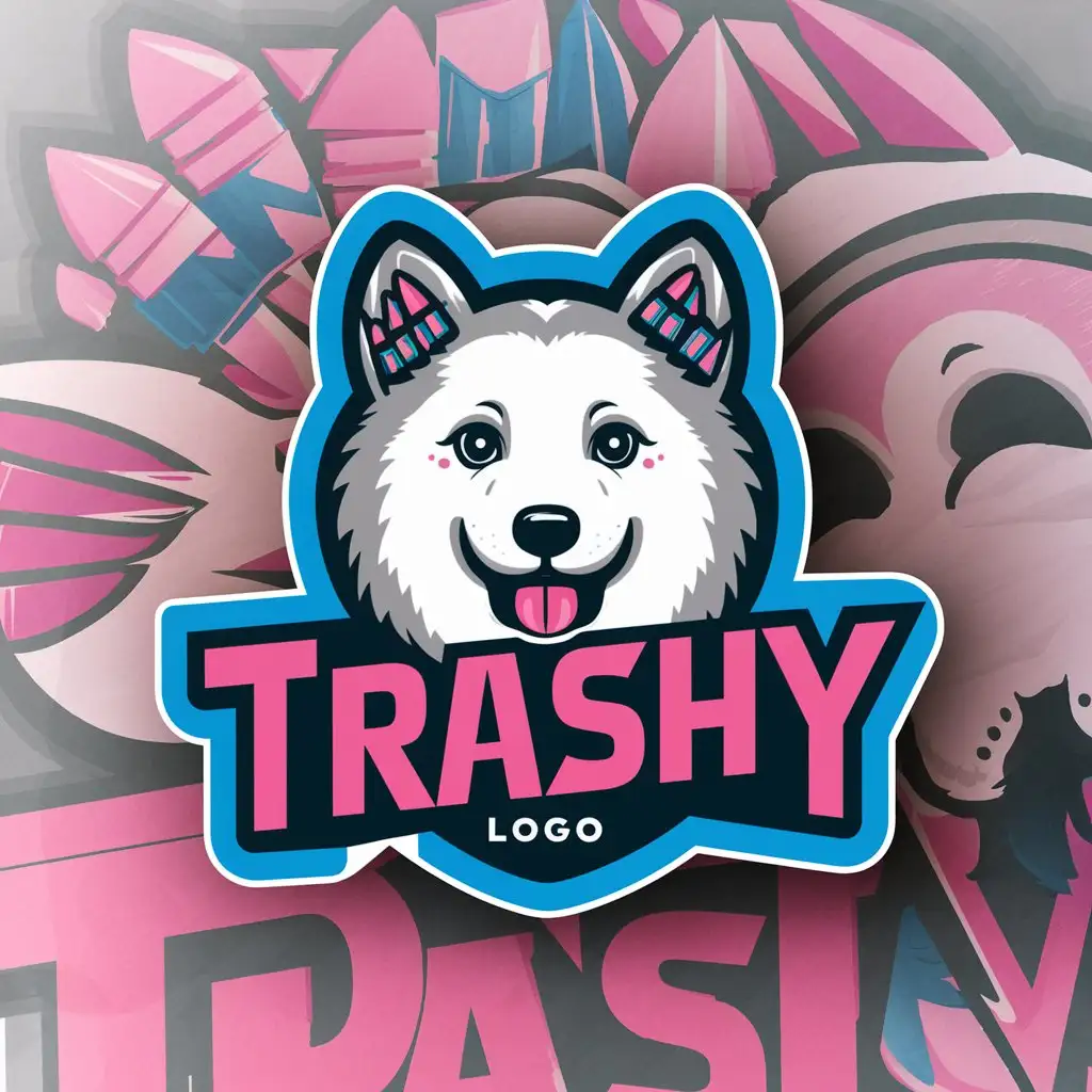 a logo design,with the text "trashy", main symbol:cute Samoyed, pink and blue background, bullets,complex,clear background