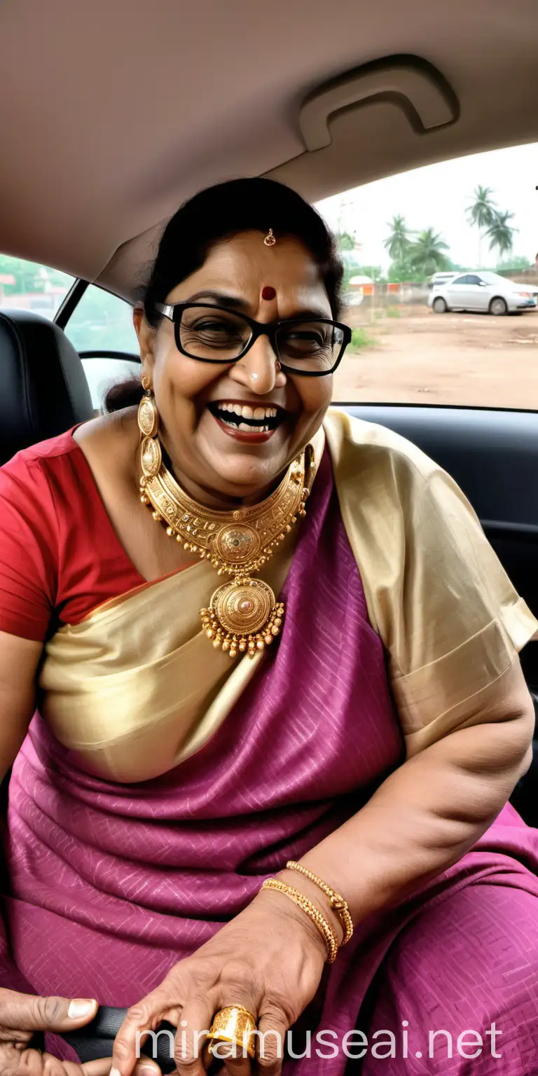 Indian Mature Woman with Accessories Smiling in Car