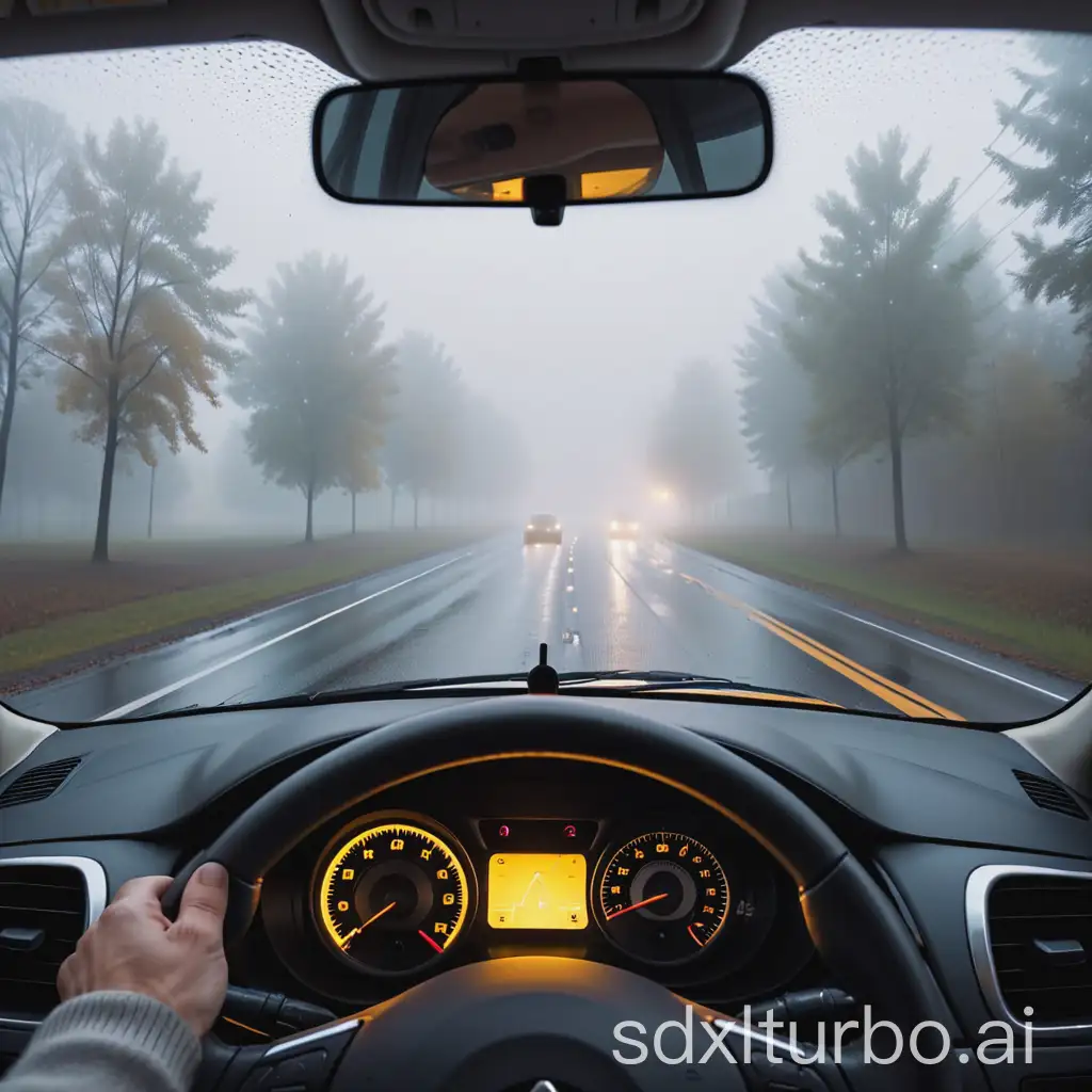POV driver's perspective, sitting in car driver seat, hands on steering wheel, dashboard and instrument panel visible, looking through windshield, extremely thick dense fog, heavy fog weather conditions, visibility reduced to 10-20 meters, asphalt road barely visible through fog, yellow road markings faintly visible, car headlights illuminating fog particles, fog swirling and moving, water condensation on windshield, wipers occasionally visible, atmospheric haze, eerie mysterious atmosphere, muted colors, gray and white tones, soft diffused lighting, realistic automotive interior, modern car dashboard, speedometer visible, navigation screen glowing, emergency hazard lights reflection, photorealistic rendering, cinematic composition, high detail, 4K quality