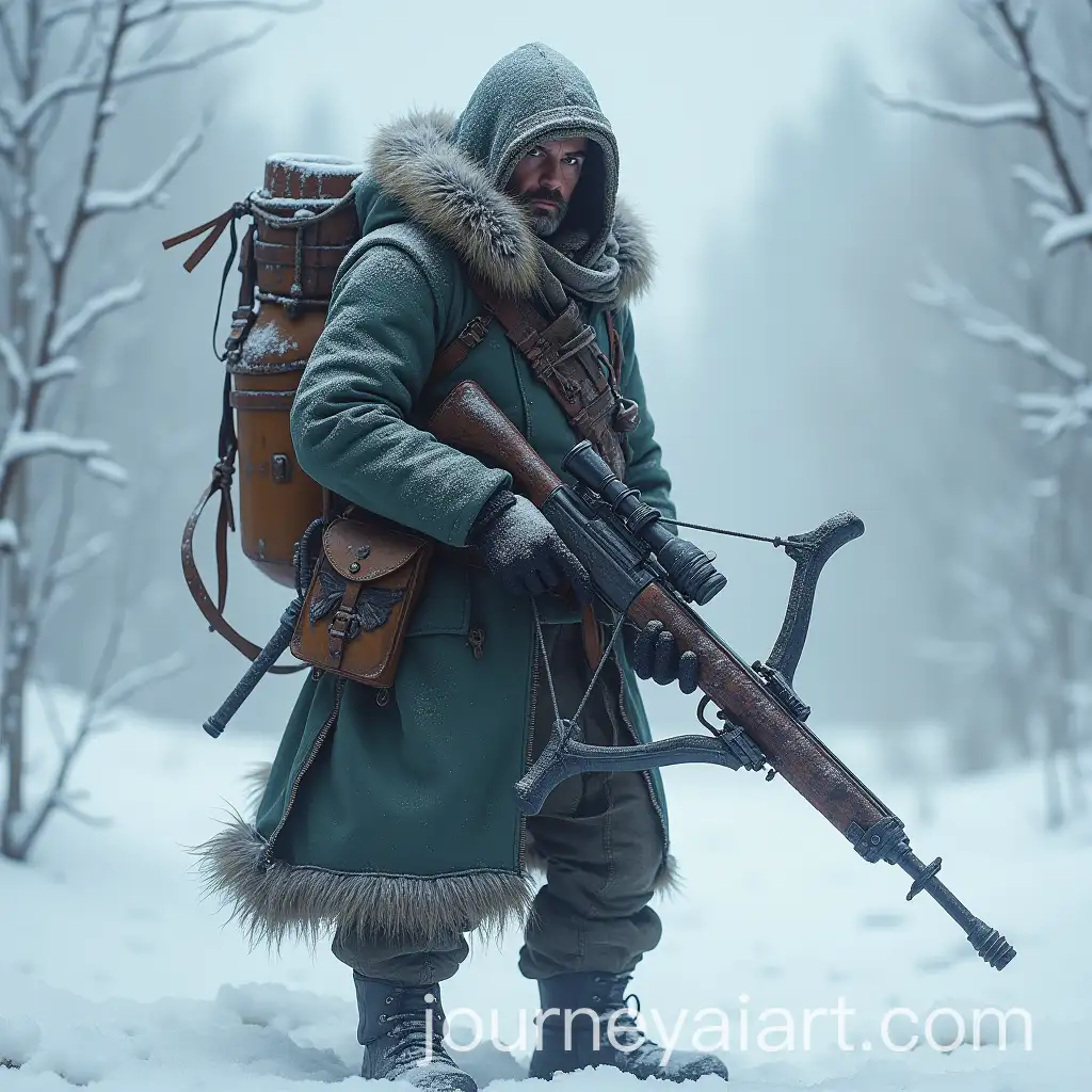 Frostpunk-Militia-Member-with-a-Crossbow-in-Harsh-Winter-Landscape