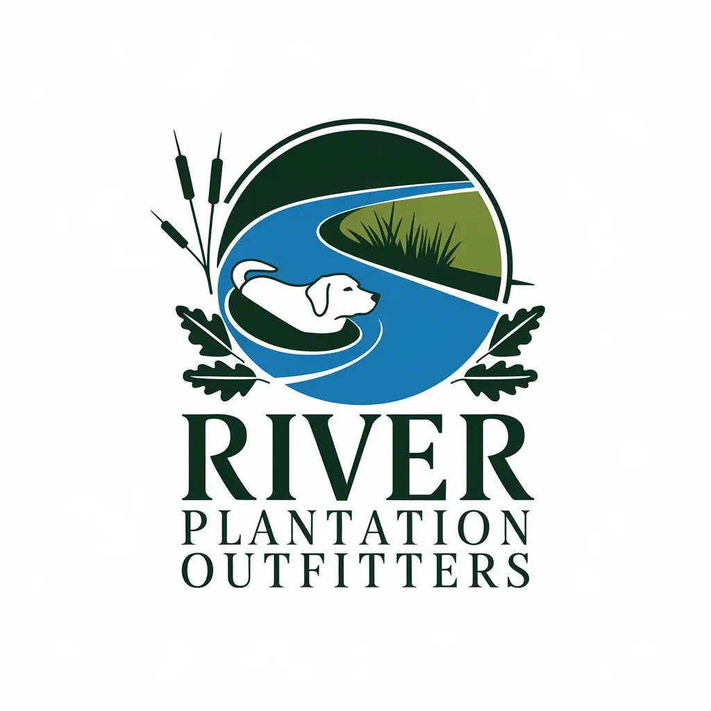 LOGO Design for River Plantation Outfitters Southern Outdoor Lifestyle with Flowing River Labrador and Nature Elements