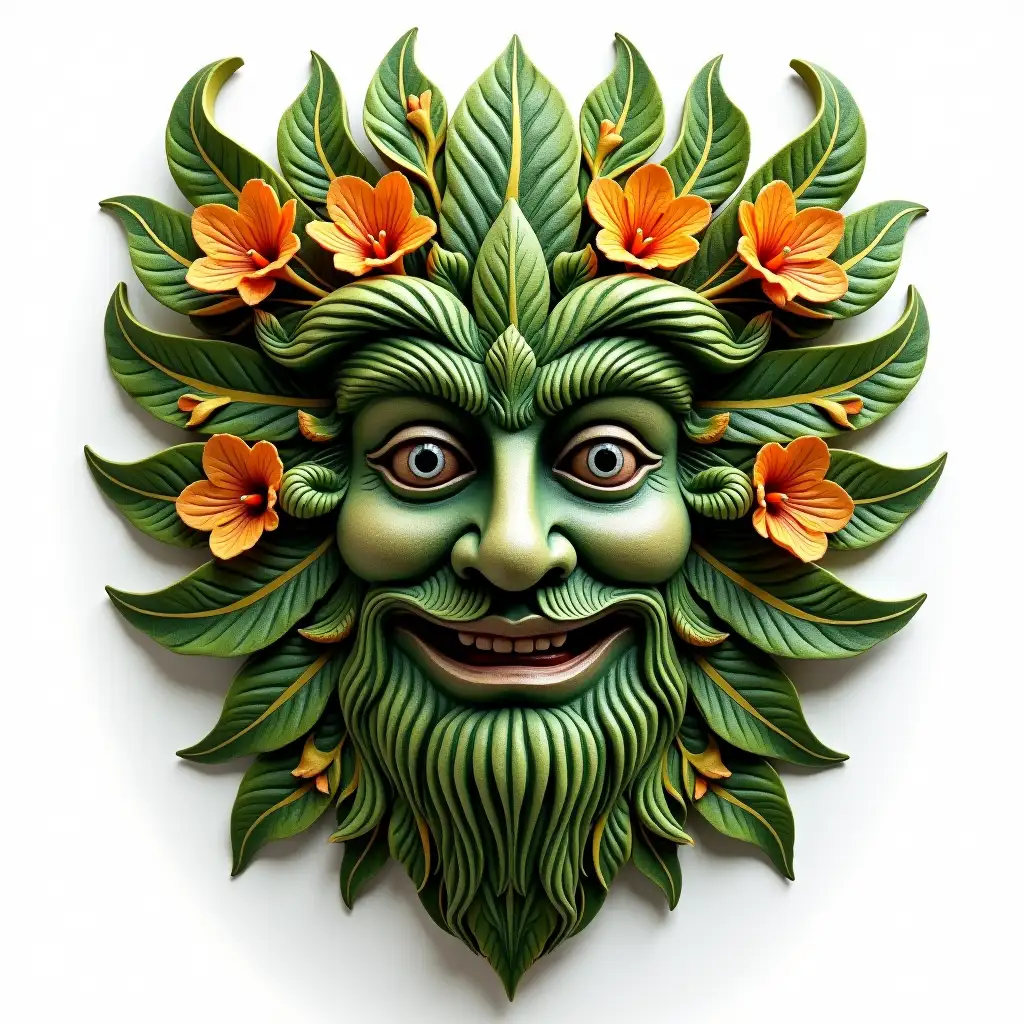 a carved wooden mask, a magnificent work of art, on a white background, a majestic forest spirit Celtic Greenman with a smile, with grey eyes made of a lot of variety symmetrical and beautiful green and golden leaves and bright flowers, clearly detailed and realistic, hyperrealism