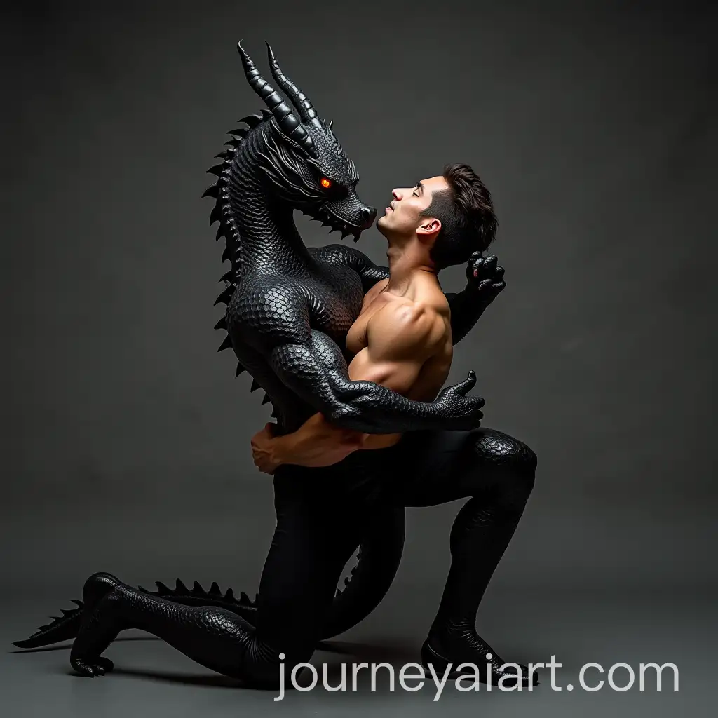 Muscular-Man-Hypnotized-by-Black-Dragon-Costume-with-Spiral-Eyes-Flexing-and-Kneeling