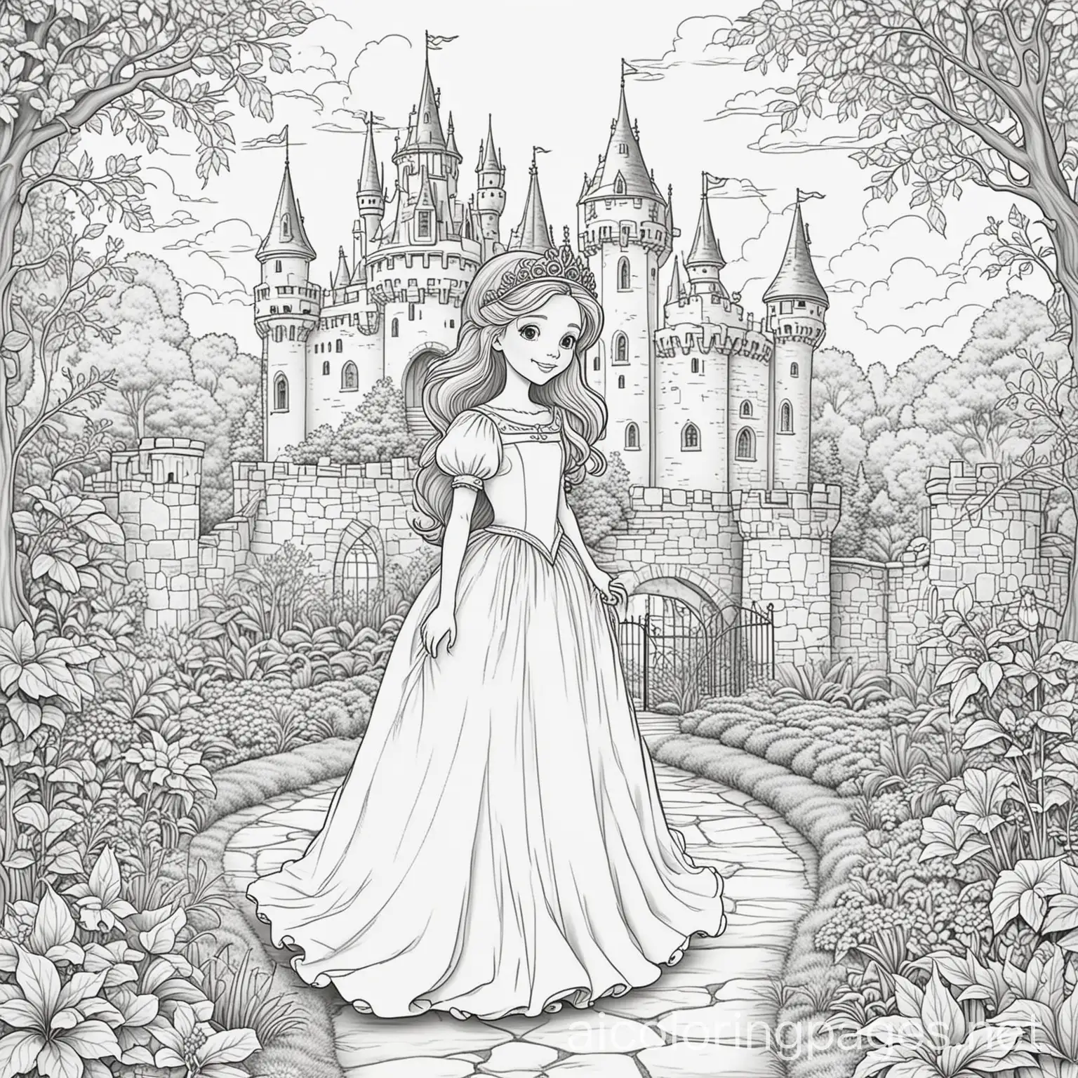 Happy-Princess-Coloring-Page-in-Castle-Garden