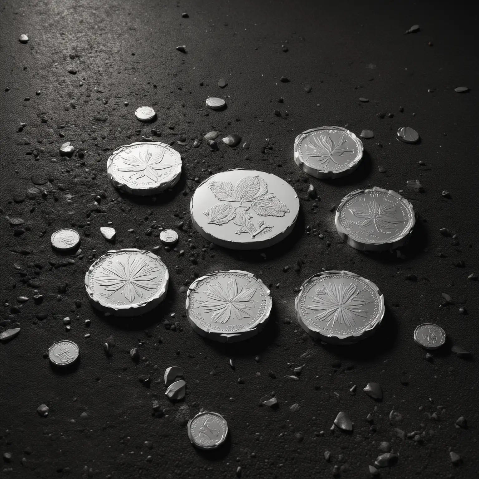 Hyperrealistic White Sculpture of Shiny Silver Coins on Black Background