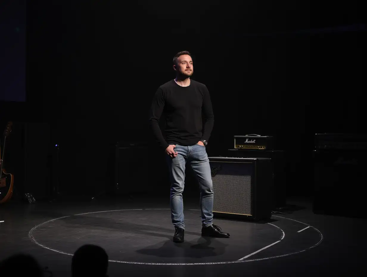 man wearing jeans and black shirt with black shoes,standing in center stage by fender amplifier