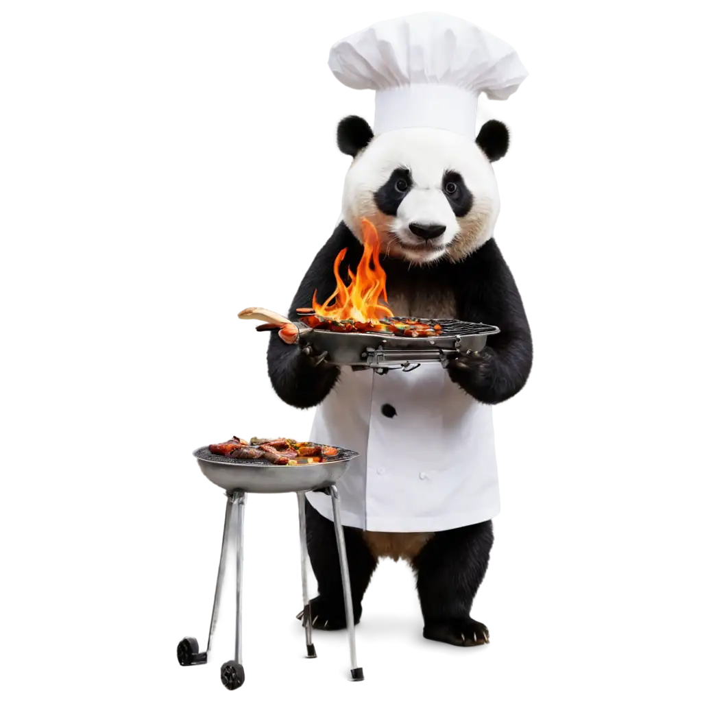 giant panda chef cooking a barbecue