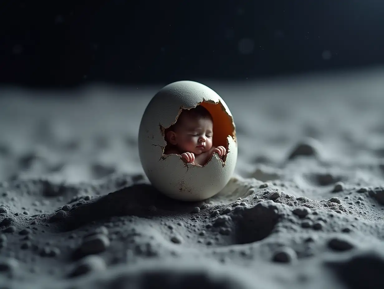 a tiny astronaut hatching from an egg on the moon