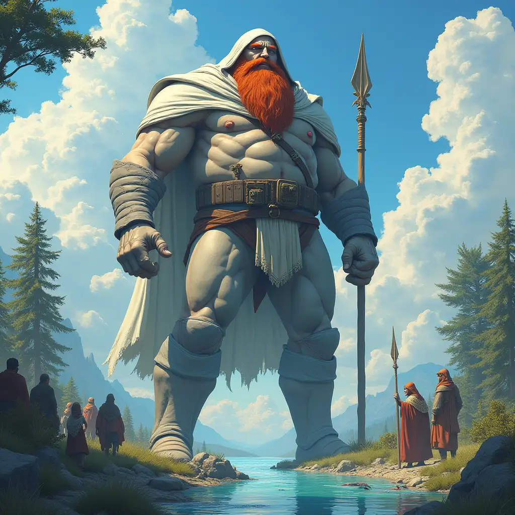 Mega titan 30 big old-fashioned, meter with hood, pale grey-white to the human long red beard with braid, robe to the ground, by the river, plants, tree spear, fish, blue sky, strong clouds with many people