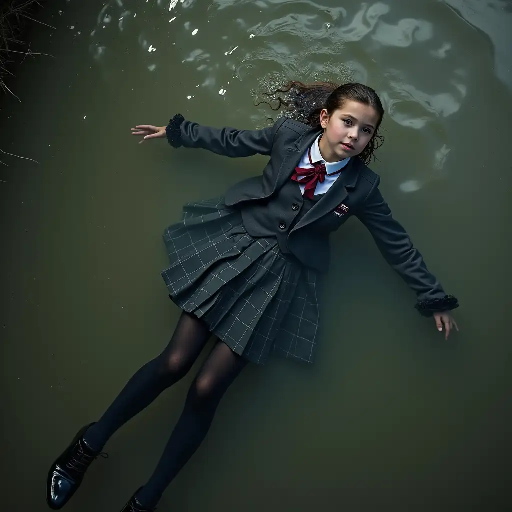 A young schoolgirl in a school uniform, in a skirt, jacket, blouse, dark tights, high-heeled shoes. She is swimming in a dirty pond, lying underwater, all her clothes are completely wet, wet clothes stick to her body, the whole body is underwater, submerged in water, under the surface of the water, below the water's edge.