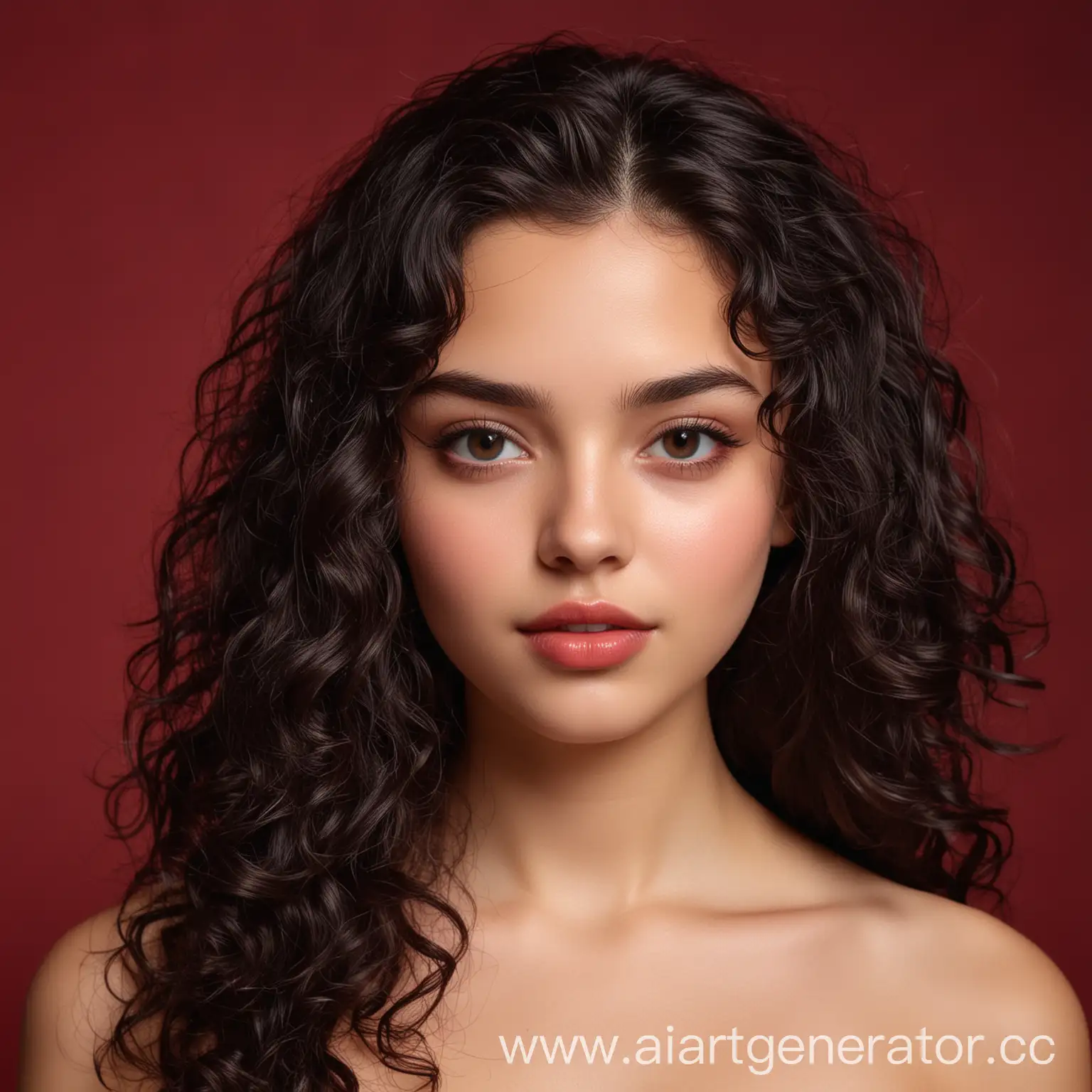 Portrait-of-a-16YearOld-Girl-with-Black-Curly-Hair-on-Dark-Red-Background