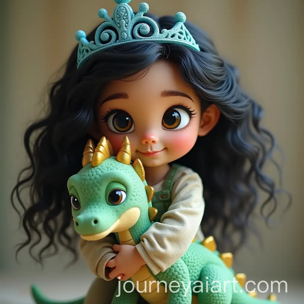 Little-Girl-with-Wavy-Black-Hair-Holding-Plush-Green-Dragon-Toy-and-Blue-Tiara