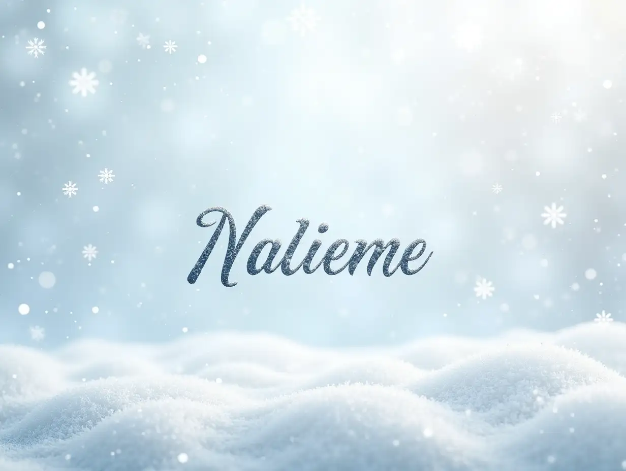 photorealistic softly textured snowy surface with a subtle, frosty gradient and snowflakes scattered evenly across the background. Centered on the surface is a name written in a clean, elegant font, lightly shadowed for depth and readability. The design integrates seamlessly with the surrounding snowy elements, creating a harmonious and festive composition with minimalist accents.