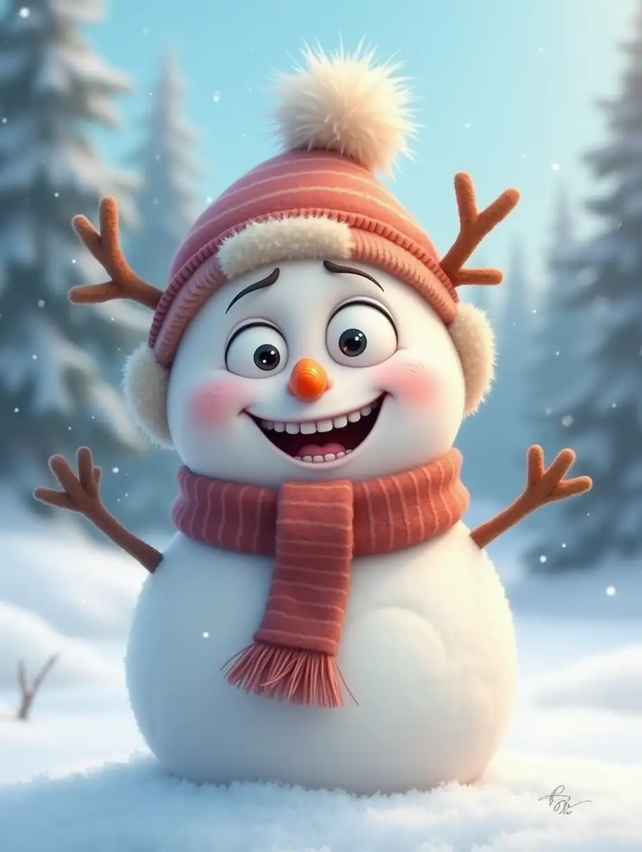 A cute and funny full-size cartoon snowman character with a big round head and big round funny puffy eyes. The snowman has a small crooked carrot nose and a wide silly grin showing one or two teeth. He is wearing a cozy winter hat with a fluffy pompom on top and two pigtails sticking out haphazardly in different directions. The snowman is also wearing a warm striped scarf. The background is a snowy scene, and the general mood is playful and light-hearted, with an emphasis on a cute and humorous facial expression. airbrushing