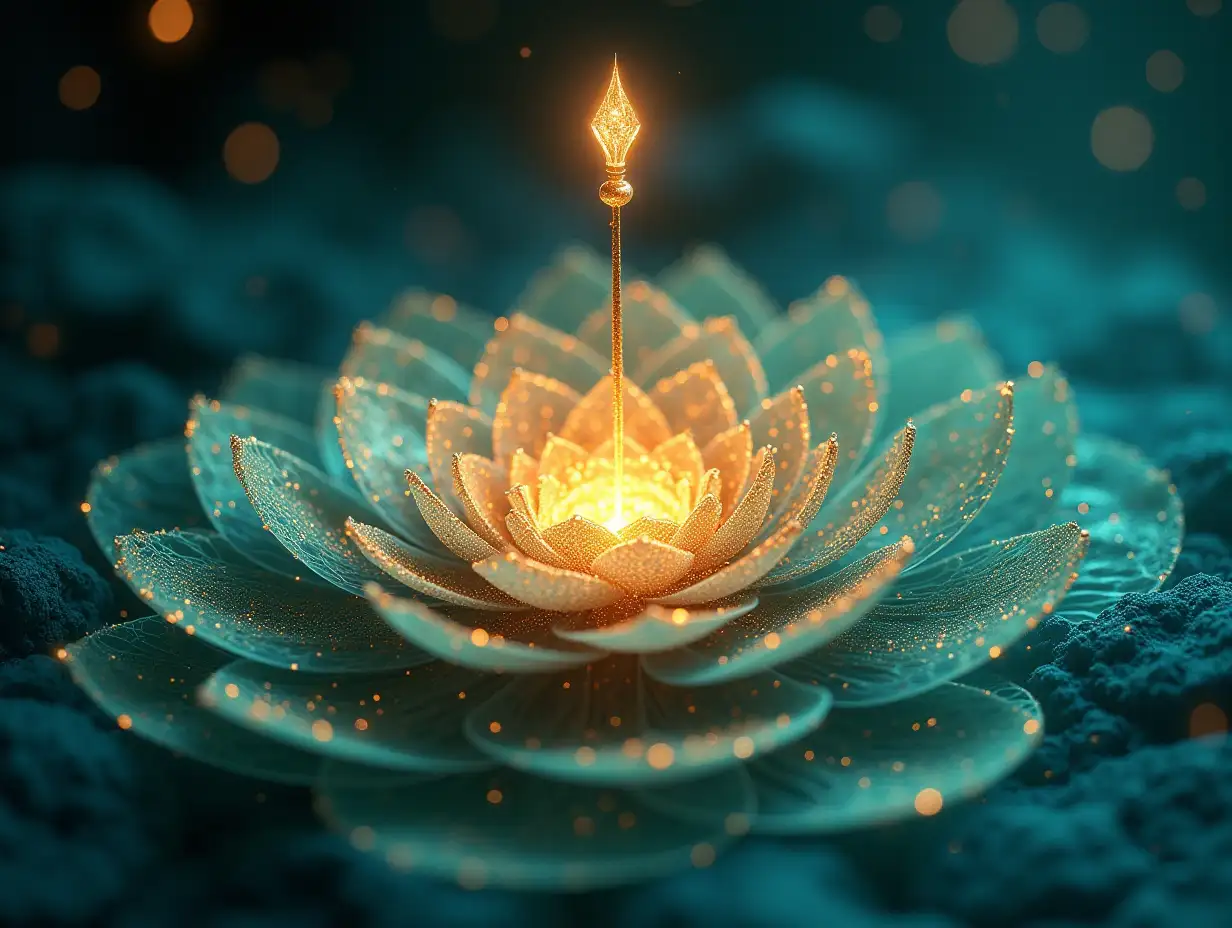 Ultra-detailed, hyper-realistic, 8K resolution. A surreal fusion of traditional Chinese elements and hypnotic patterns. At the center, a glowing golden acupuncture needle floats above a bioluminescent meridian map of the human body, radiating soft pulses of light. Surrounding it: Fractal lotus flowers with infinite layers, rotating slowly in a mandala-like spiral, their petals dissolving into swirling mist that mimics smoke or ocean waves. Celestial gold and jade-green particles flowing like a river, merging with traditional instruments (guqin, bamboo flute) dissolving into geometric patterns. A yin-yang symbol transformed into a mesmerizing möbius strip, glowing with bioluminescent blue and warm amber hues. Subtle optical illusions: repeating patterns that pull the viewer’s gaze inward (think Escher meets Zen garden). Background: Deep indigo space with faint, pulsating constellations resembling acupuncture points. Color palette: Tranquil blues, emerald greens, and metallics (gold/copper) to evoke calm, with strategic high-contrast accents (vivid magenta sparks) to trigger dopamine-driven visual interest. Style: Blend Hayao Miyazaki’s ethereal realism with Vivid Ink Wash Painting and fractal psychedelia. Add a 3D depth effect to create the illusion of falling into the image