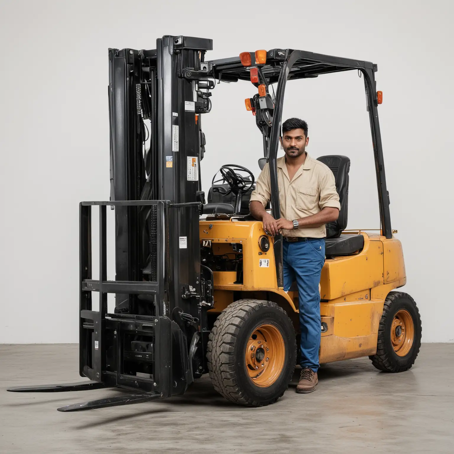 A Indian mechanic is standing in front of a forklift with a white background.