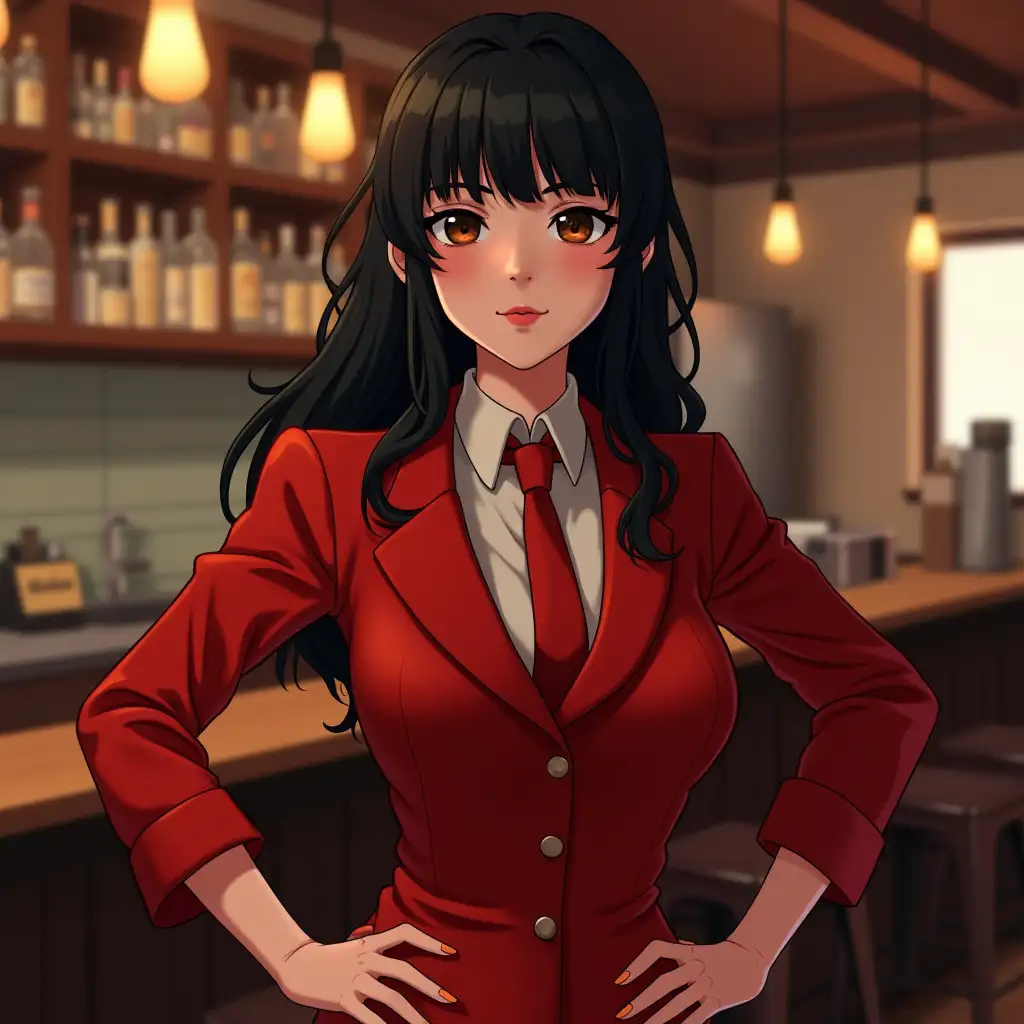 A girl in a red suit, middle length black hair, working at Alf's