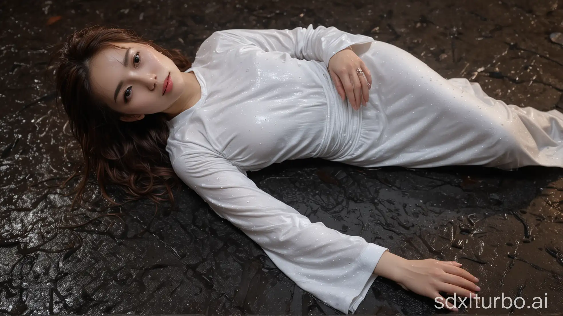 Chinese-Beauties-in-Wet-Winter-Attire-Lying-on-Rainy-Street-at-Night