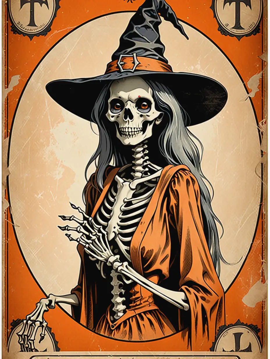 Antique Poster Style Skeleton Witch with Weathered Look in Orange