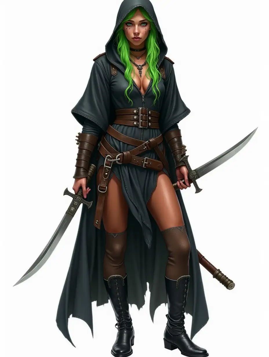 Green haired female elf rogue with copper skin, only black clothes, black hood, drawn in colored pencil style, white background, full body, armed with knives, face piercings, looking grim, full body