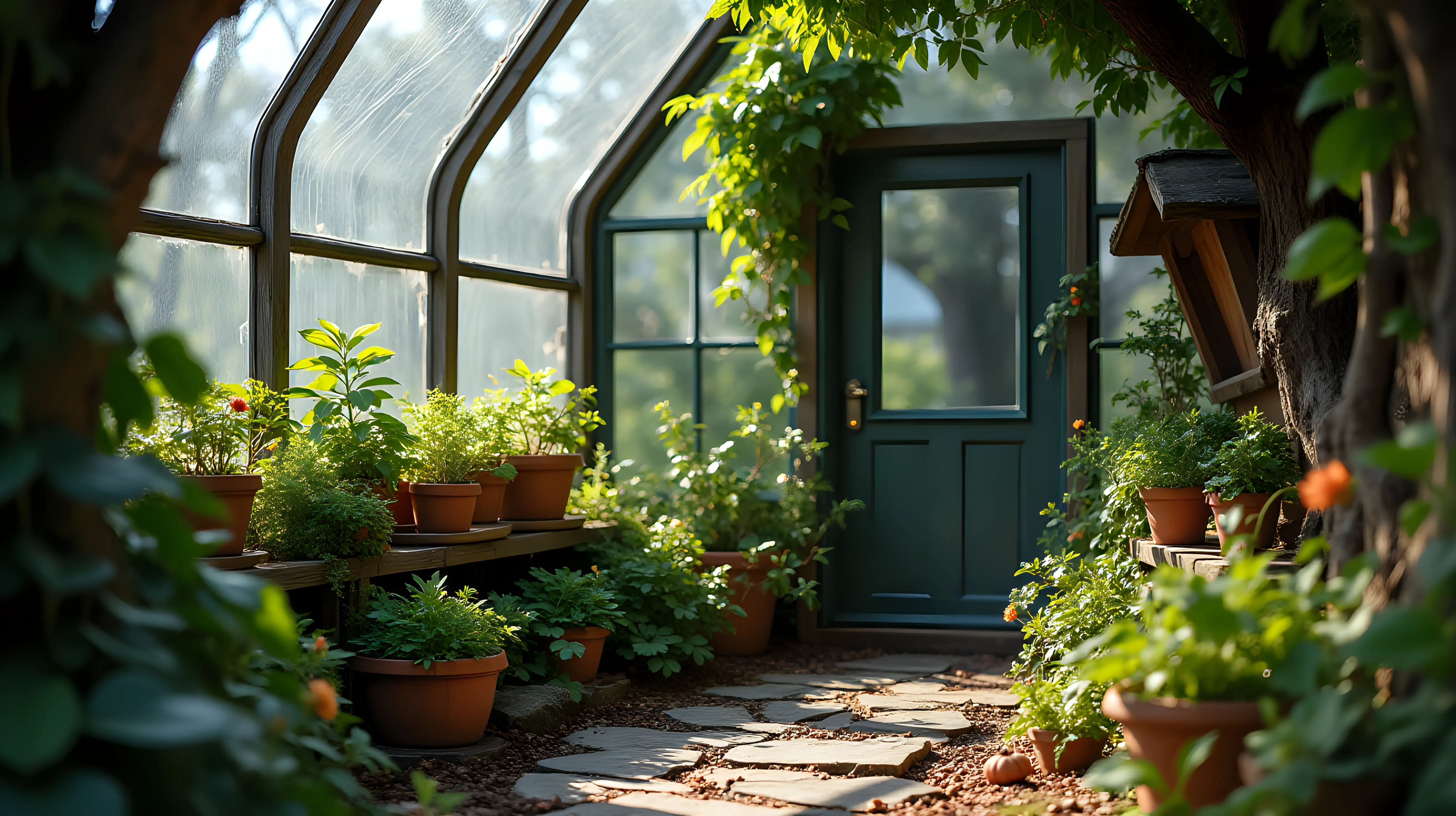 A small fantasy greenhouse, plants, grimoire, bucket