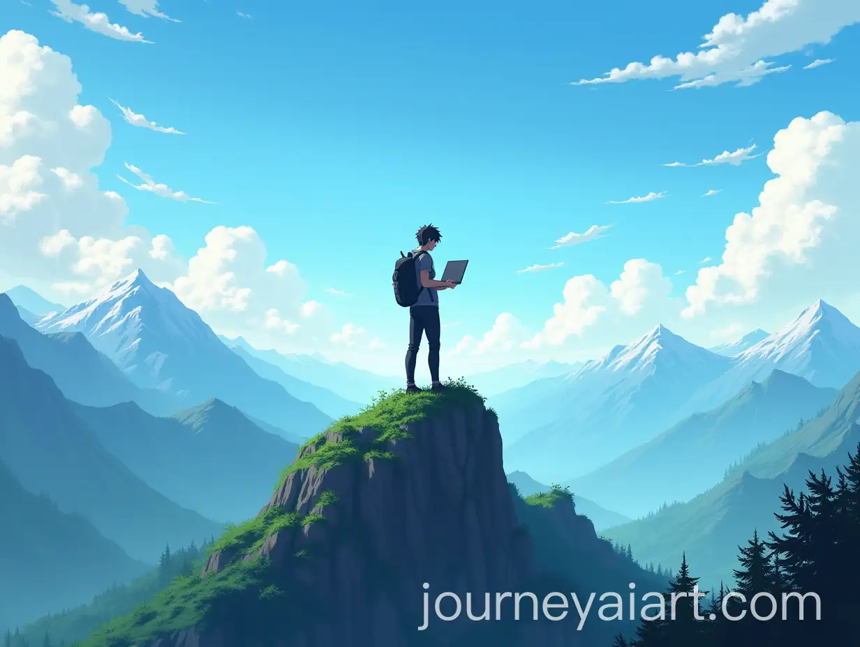 Man-Standing-on-a-Mountain-with-a-Laptop-in-Anime-Fantasy-Landscape