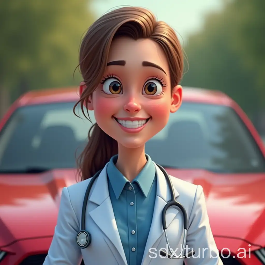 Smiling-Medical-Student-in-Blue-Suit-by-Red-Car-Hood