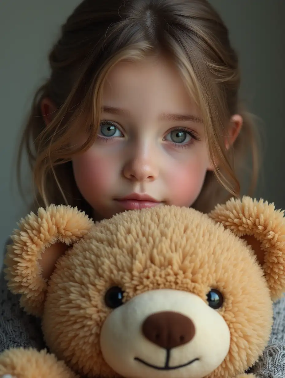 Create a hyper-realistic image of a European girl with high detail. She looks directly at the camera and holds a large teddy bear in her hands. The background should be neutral or slightly blurred to focus attention on the girl and the bear.