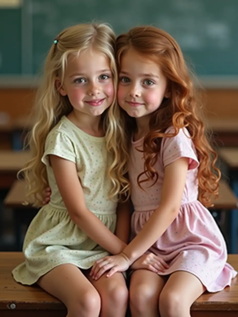 Two-Young-Girls-in-Pastel-Minidresses-Cuddling-in-Classroom