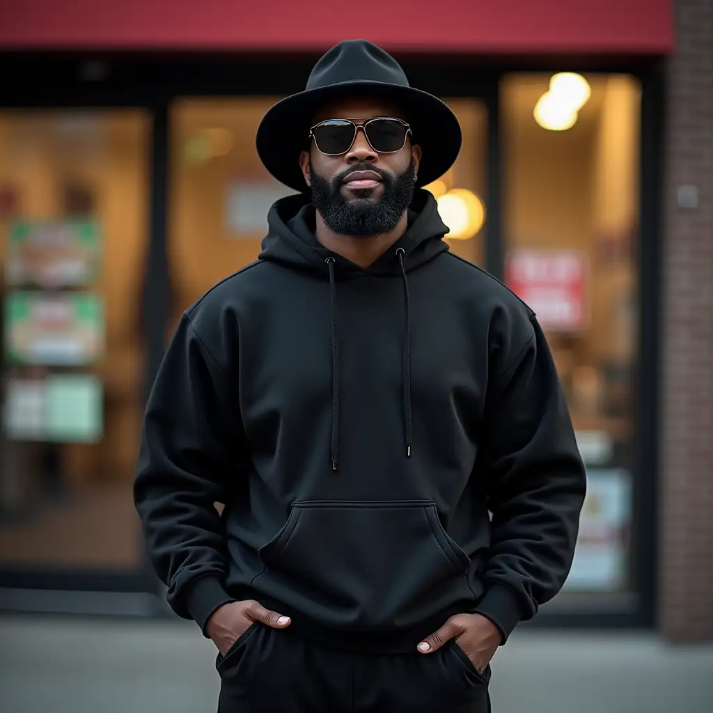 IMG_1018.CR2  professional photography front view Medium-full shot, of a young smiling muscular model Black man with bald head and full black beard well groomed in a big brim black fedora hat tilted to one side of his head, in a Black Gildan oversized 18500 Hoodie and matching color sweatpants, wearing Oakley sunglasses, standing with his shoulders straight and whole body facing the camera with hands in his sweatpants pockets, in front of a bodega storefront, cinematic shot, hooded, mid-shot of a hunky, cozy setting, urbanism, photorealism, ultra realistic, UHD, mockup style