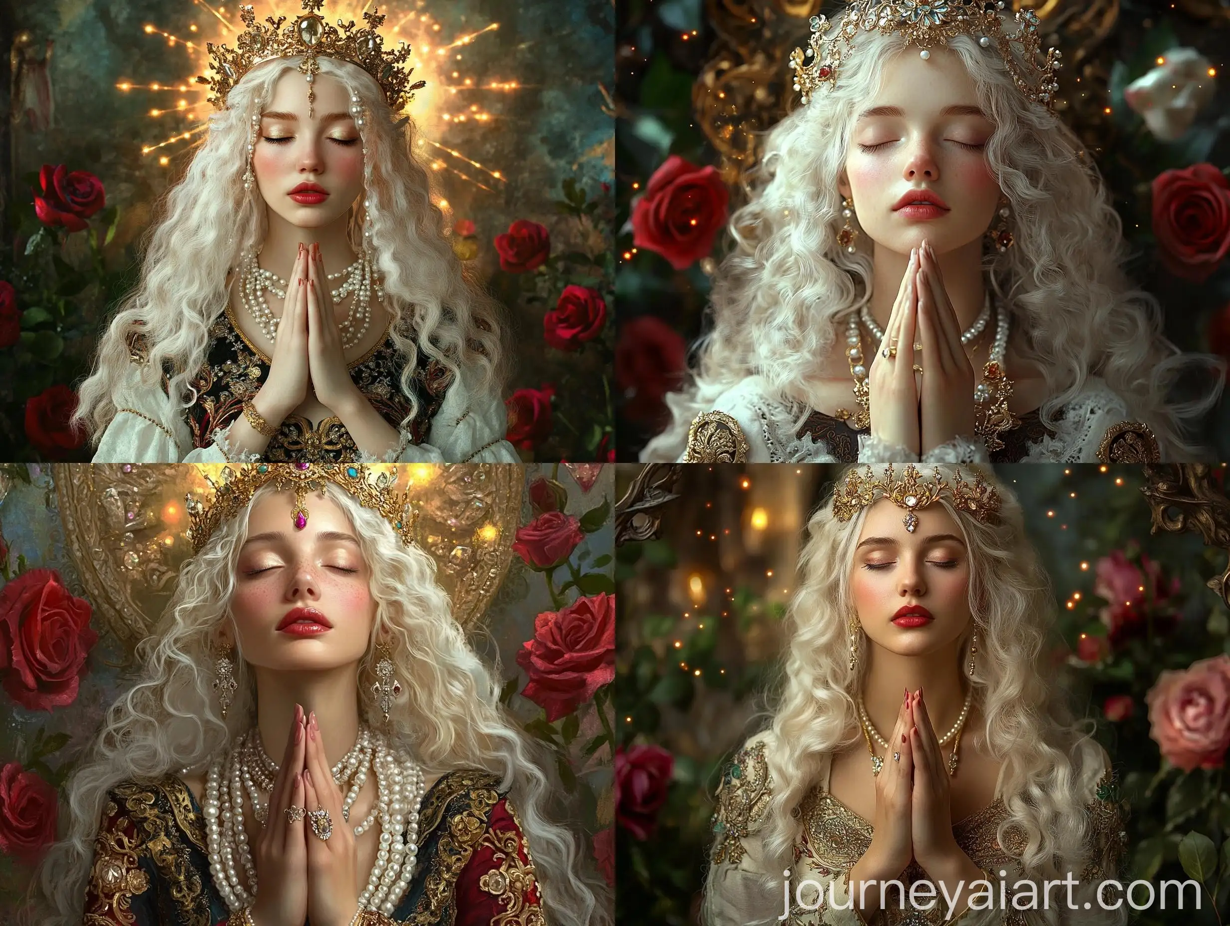 Medieval-Woman-in-Prayer-with-Crystal-Crown-and-Roses