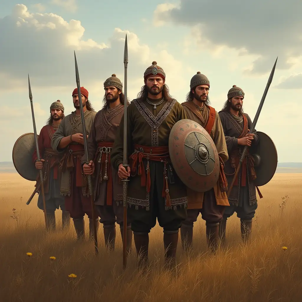 A realistic depiction of Ukrainian Cossacks in traditional attire, standing proudly in a field with swords and shields. They have determined expressions, symbolizing resilience and strength. The background shows vast steppes under a morning sky