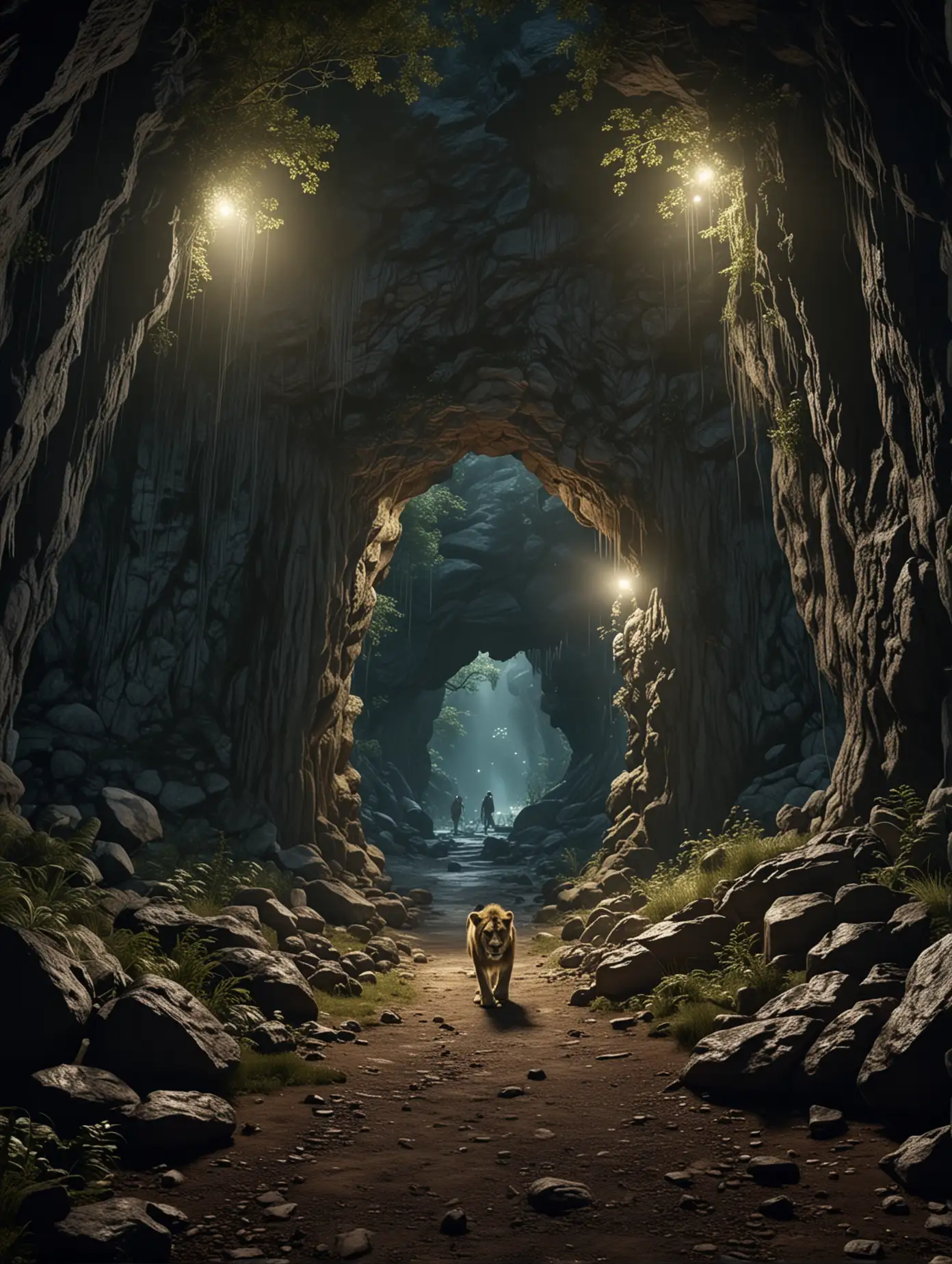 The entrance to the future time of a cave in the heart of a mountain in the night forest.  A lion passes through it.. ultrarealistic, soft lighting, 8k