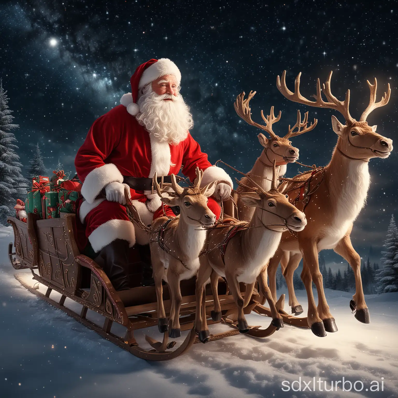 A magical scene of Santa Claus riding in a sleigh pulled by shining reindeer, soaring through the night sky with stars as his only companions. Santa holds a bag of gift boxes, and the reindeer glide gracefully toward the right. The sleigh is illuminated with a soft, glowing light, and the scene is captured in stunning HD quality from the best angle, highlighting Santa's joyful figure in his classic red suit. The image conveys a sense of wonder and holiday magic, with crisp details and vibrant colors in a beautiful nighttime sky.