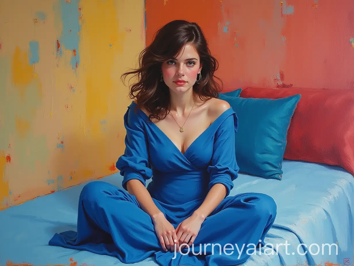 Young-Woman-in-Blue-Dress-Sitting-CrossLegged-on-Bed-in-Abstract-Oil-Painting