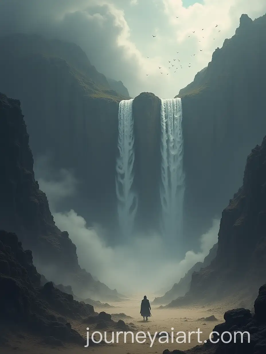 Epic-Battle-Scenery-with-Stone-Cliff-Volcanic-Mountain-and-Waterfalls