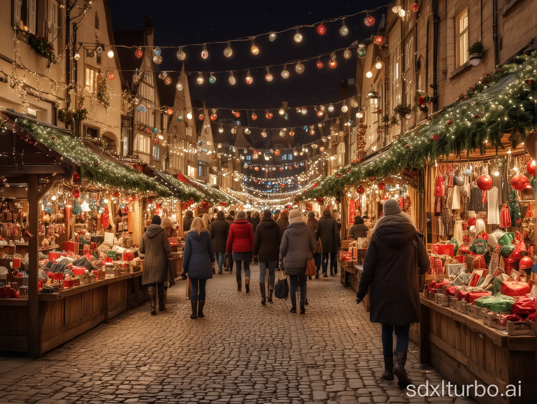 Generate a lively Christmas market with stalls selling gifts, decorated with baubles and Christmas lights. Include happy shoppers and a festive Christmas wallpaper background.