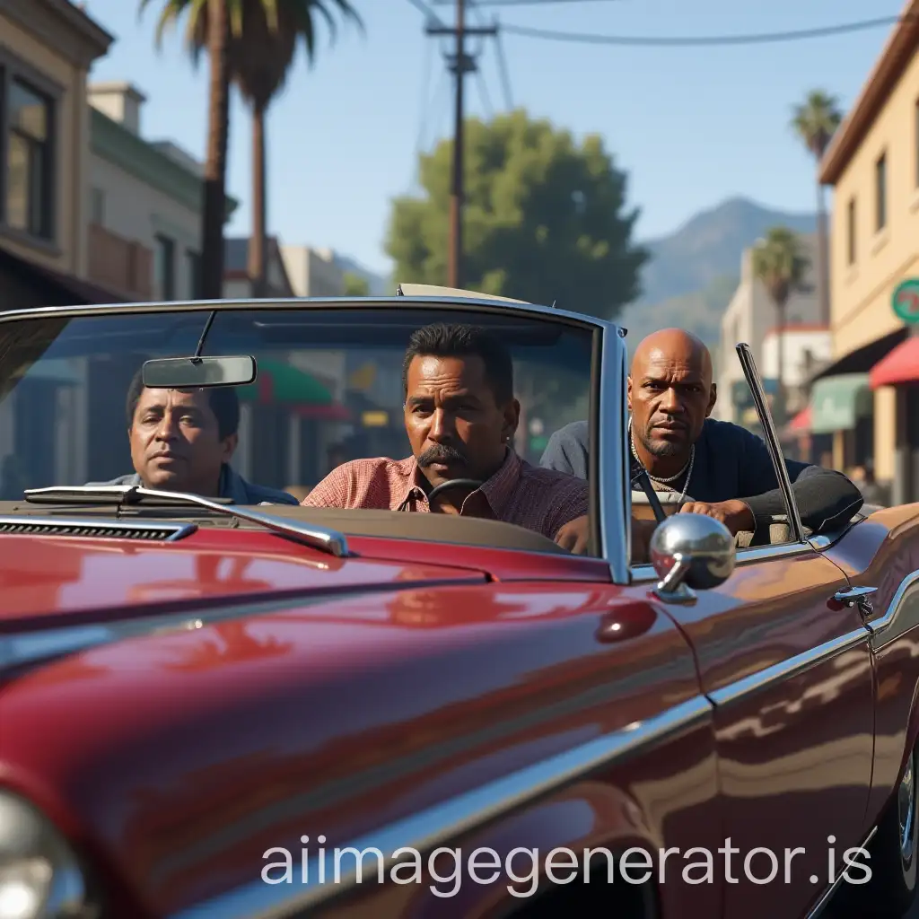 A photo of Carl CJ in GTA 5 in a Cadillac with the rest of Group Street